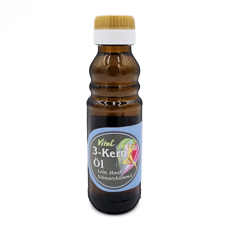 Vitalöl, 3 Kern Öl aus Lein, Hanf und Schwarzkümmelöl nativ kaltgepresst, 100 ml in brauner Glasflasche der Ölmühle Garting mit blauem Etikett auf weißem Hintergrund