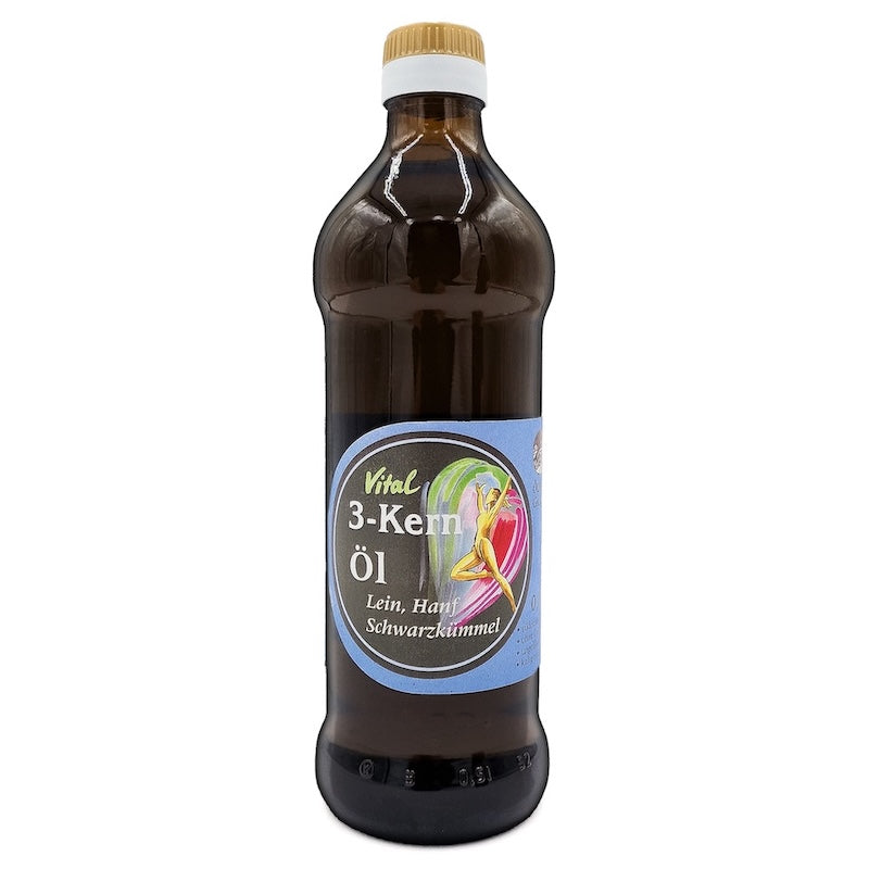 Vitalöl, 3 Kern Öl aus Lein, Hanf und Schwarzkümmelöl nativ kaltgepresst, 500 ml in brauner Glasflasche der Ölmühle Garting mit blauem Etikett auf weißem Hintergrund