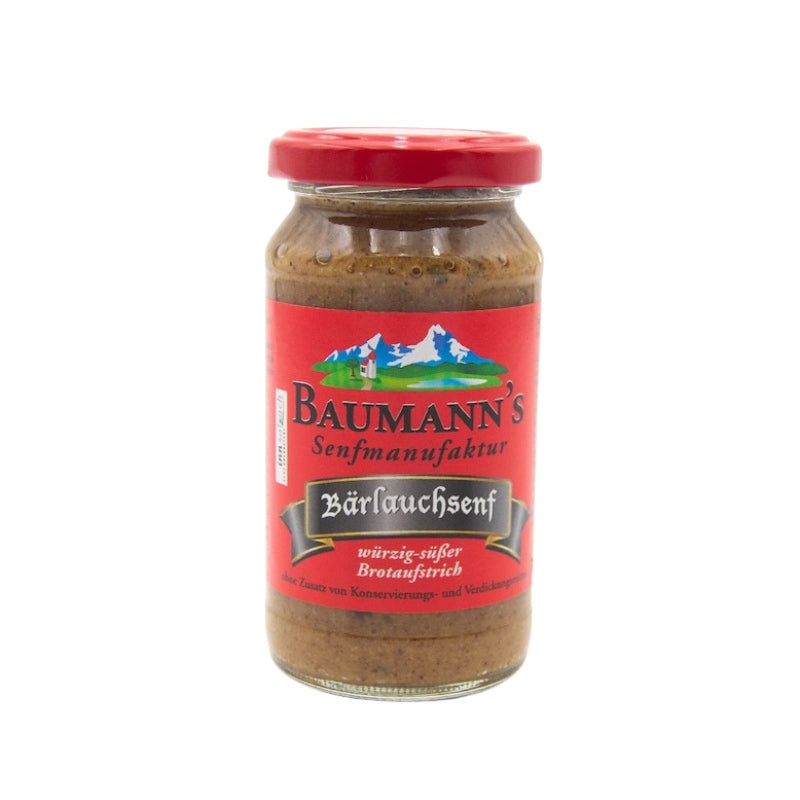 Bärlauchsenf, Baumann's Senfmanufaktur mit rotem Etikett auf weißem Hintergrund