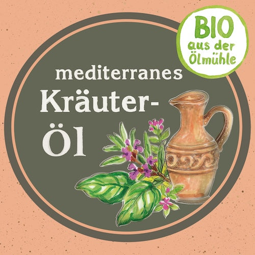 Etikett des Bio Mediterranen Kräuteröls nativ kaltgepresst: Ölmühle Garting mit gezeichneten Kräutern und einer Tonvase auf hellorangem Hintergrund