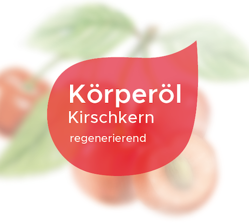 Etikett Körperöl Kirschkern regenerierend in weißer Schrift in rotem Tropfen