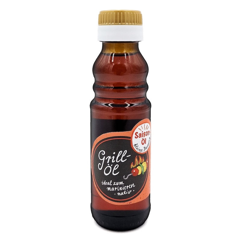 Grillöl nativ kaltgepresst, ideal zum marinieren, 100 ml in brauner Glasflasche der Ölmühle Garting auf weißem Hintergrund