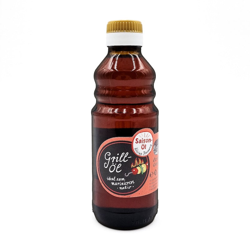 Grillöl nativ kaltgepresst, ideal zum marinieren, 250 ml in brauner Glasflasche der Ölmühle Garting auf weißem Hintergrund
