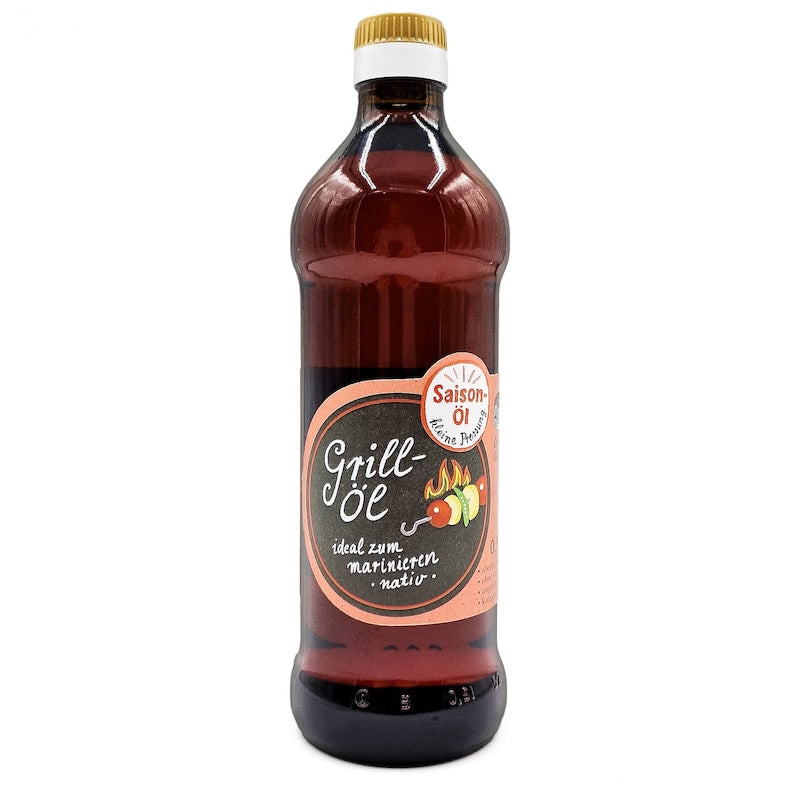 Grillöl nativ kaltgepresst, ideal zum marinieren, 500 ml in brauner Glasflasche der Ölmühle Garting auf weißem Hintergrund