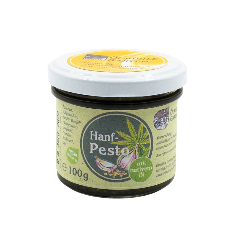 Hanfpesto mit nativem Öl der Ölmühle Garting, 100g Glas mit hellgrünem Etikett auf weißem Hintergrund