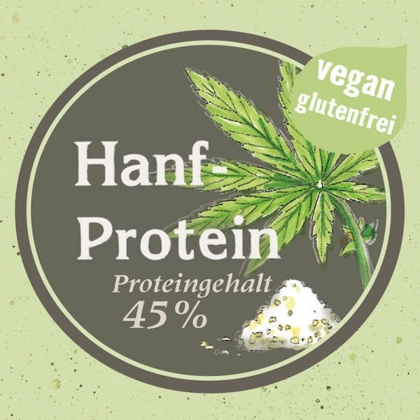 Etikett Hanfprotein mit Proteingehalt 45%, vegan und glutenfrei mit gezeichnetem Hanfblatt und Hanfsamen auf grünem Hintergrund