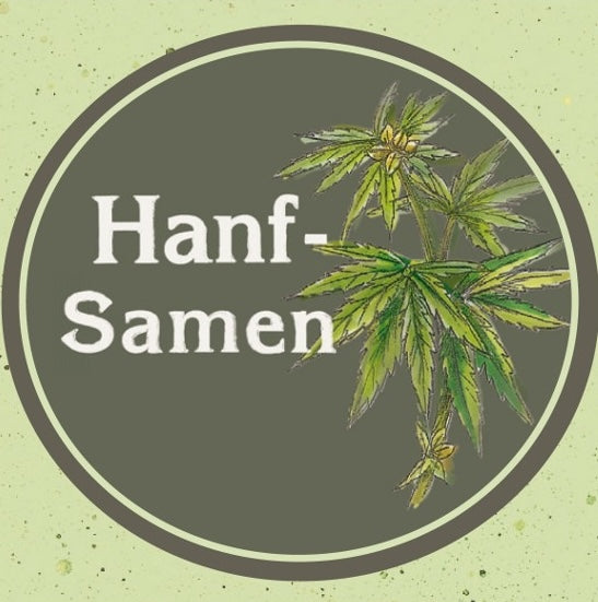 Hanfsamen Etikett in grün mit gezeichneter Hanfpflanze