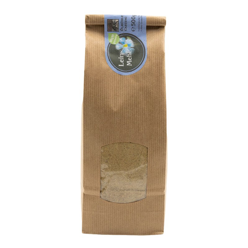 Leinmehl, 500g Tüte der Ölmühle Garting, vegan und glutenfrei mit blauem Etikett auf weißem Hintergrund