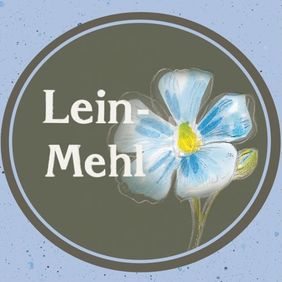 Etikett Leinmehl mit gezeichneter Leinblüte auf blauem Hintergrund