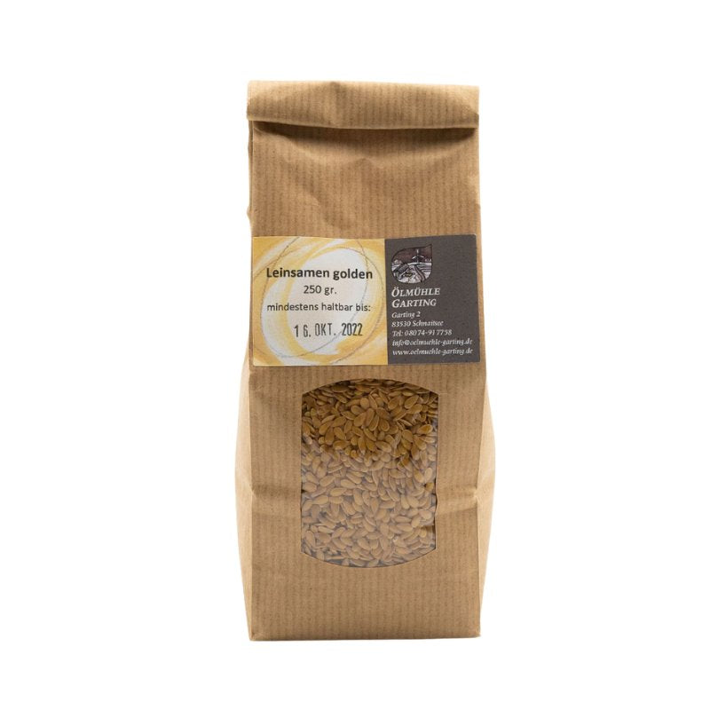 Leinsamen gold, 250g Tüte golden der Ölmühle Garting auf weißem Hintergrund