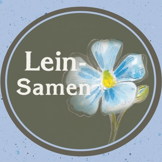 Leinsamen Logo blau mit blauer Leinblüte illustriert
