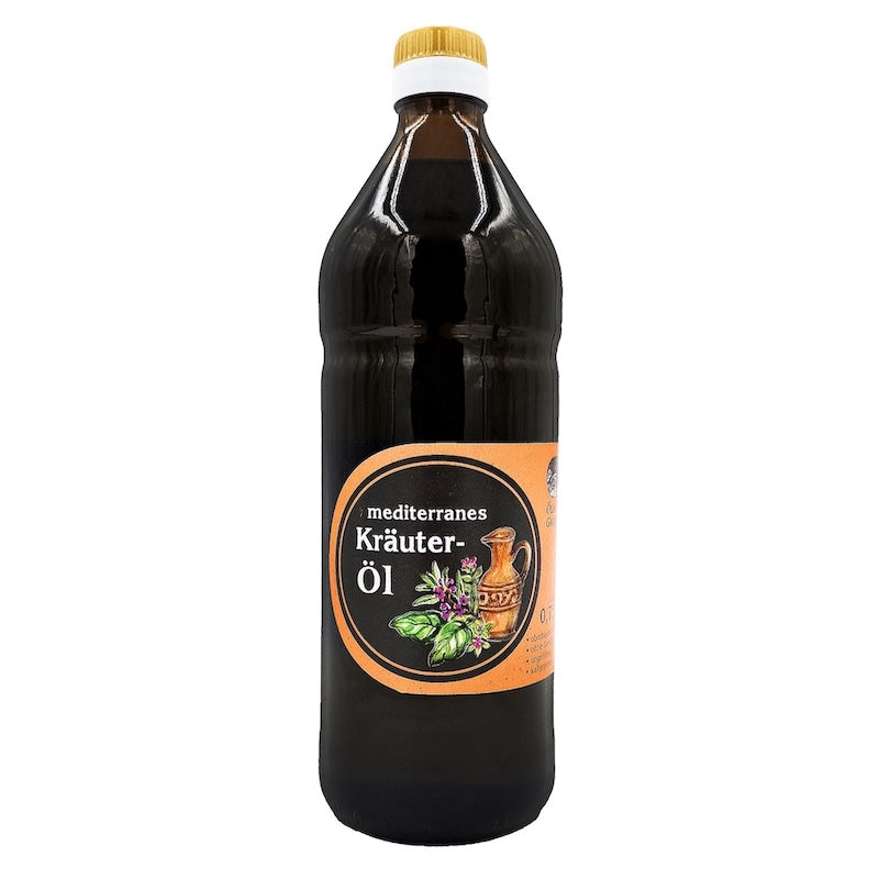 Mediterranes Kräuteröl nativ kaltgepresst, 750 ml in brauner Glasflasche der Ölmühle Garting auf weißem Hintergrund