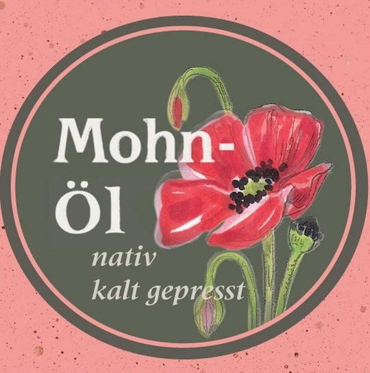 Etikett des Mohnöl nativ kaltgepresst; Ölmühle Garting mit gezeichneter Mohnblume in rot auf rotem Hintergrund