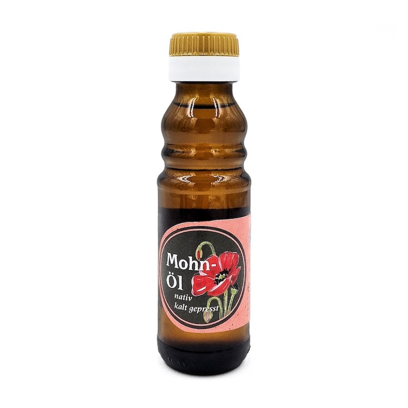 Mohnöl nativ kaltgepresst, 100 ml in brauner Glasflasche der Ölmühle Garting auf weißem Hintergrund