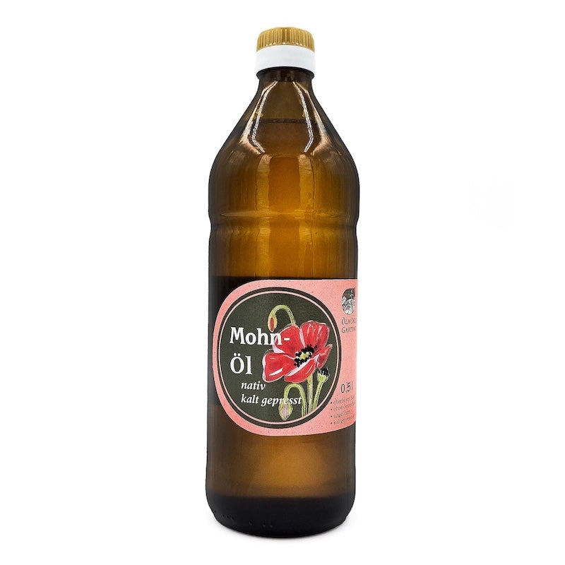 Mohnöl nativ kaltgepresst, 750 ml in brauner Glasflasche der Ölmühle Garting auf weißem Hintergrund