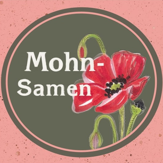 Mohnsamen Etikett in rot mit gezeichneter Mohnblume