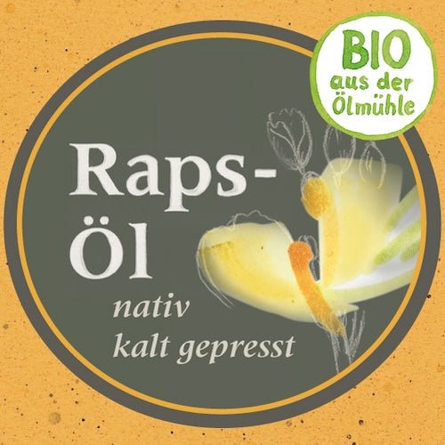 Etikett des Bio Rapsoels nativ kaltgepresst: Oelmuehle Garting mit gelber Rapsbluete gezeichnet