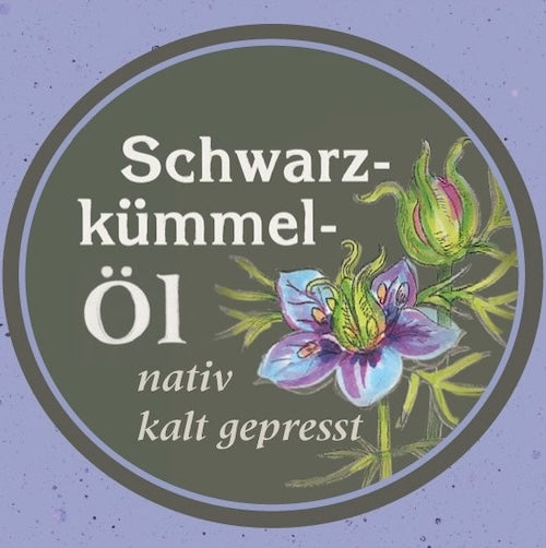 Schwarzkuemmeloel nativ kaltgepresst, Produktlabel der Oelmuehle Garting auf lilla HIntergrund