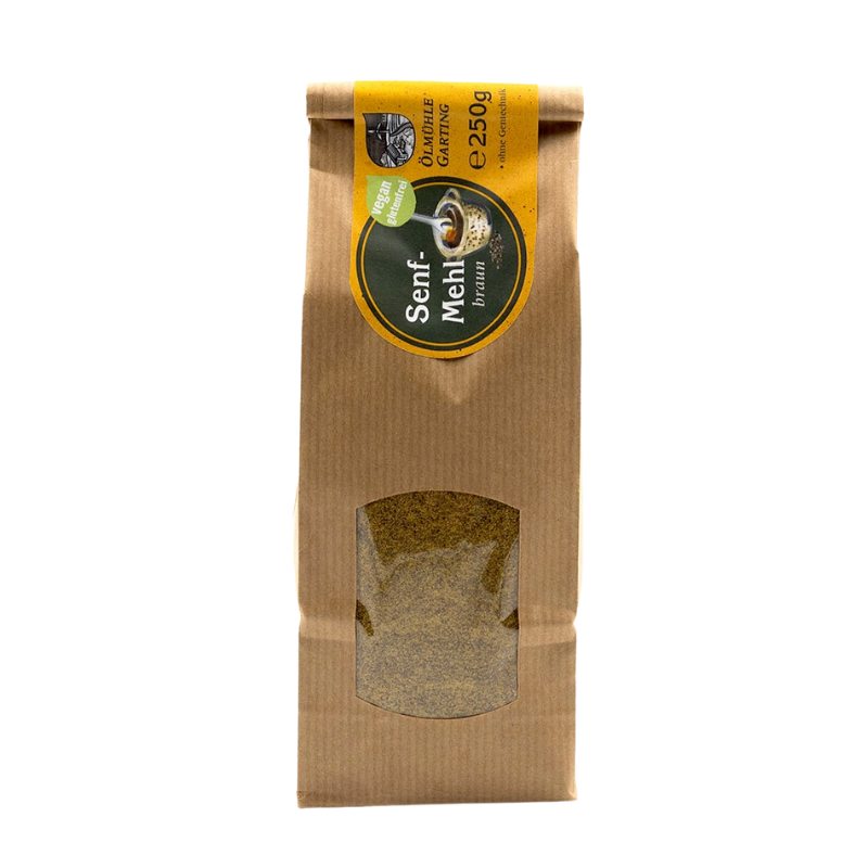 Senfmehl braun, 250g Tüte der Ölmühle Garting, vegan und glutenfrei mit gelbem Etikett auf weißem Hintergrund