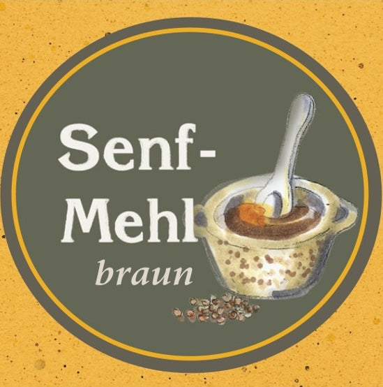 Etikett des Senfmehl braun mit gezeichneten Senfkörnern und Topf mit Löffel auf gelben Hintergrund