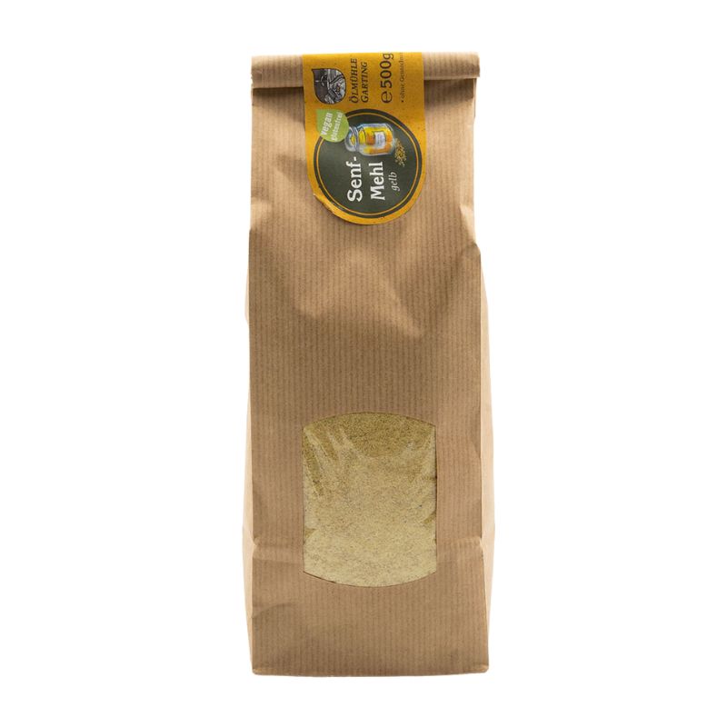 Senfmehl gelb, 500g Tüte der Ölmühle Garting, vegan und glutenfrei mit gelbem Etikett auf weißem Hintergrund