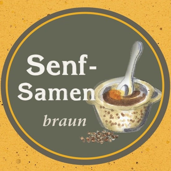 Etikett Senfsamen braun mit Illustration von braunen Senfsamen auf gelben Hintergrund