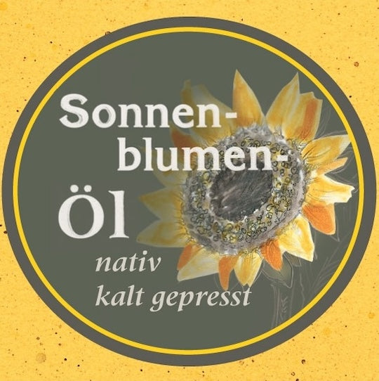 Etikett des Sonnenblumenöls nativ kaltgepresst: Ölmühle Garting mit gezeichneter Sonnenblume auf gelbem Hintergrund