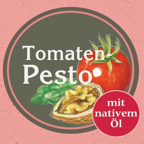 Etikett des Tomatenpesto mit nativen Öl, Illustration einer Tomate, Walnuss