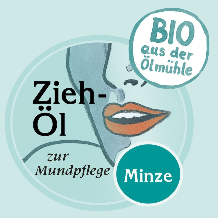 Etikett des Bio Ziehöl Minze zur Mundpflege, mit Biosiegel der Ölmühle Garting und illustriertem Mund auf hellblauem Hintergrund