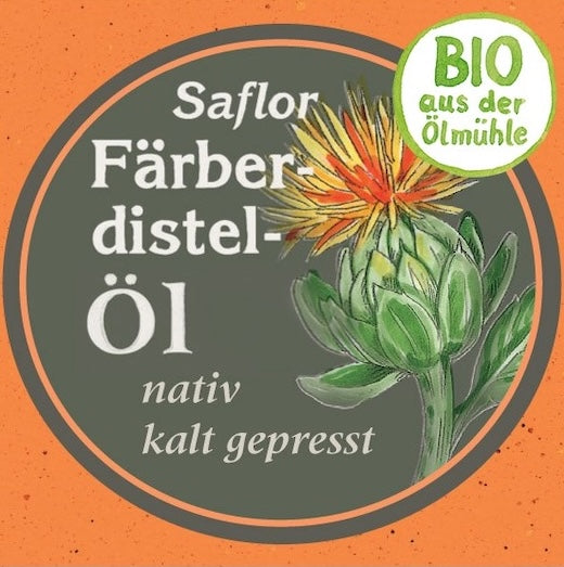 Etikett des Bio saflor Färberdistelöl nativ kaltgepresst der Ölmühle Garting mit gezeichneter Färberdistelblüte auf orangen Hintergrund