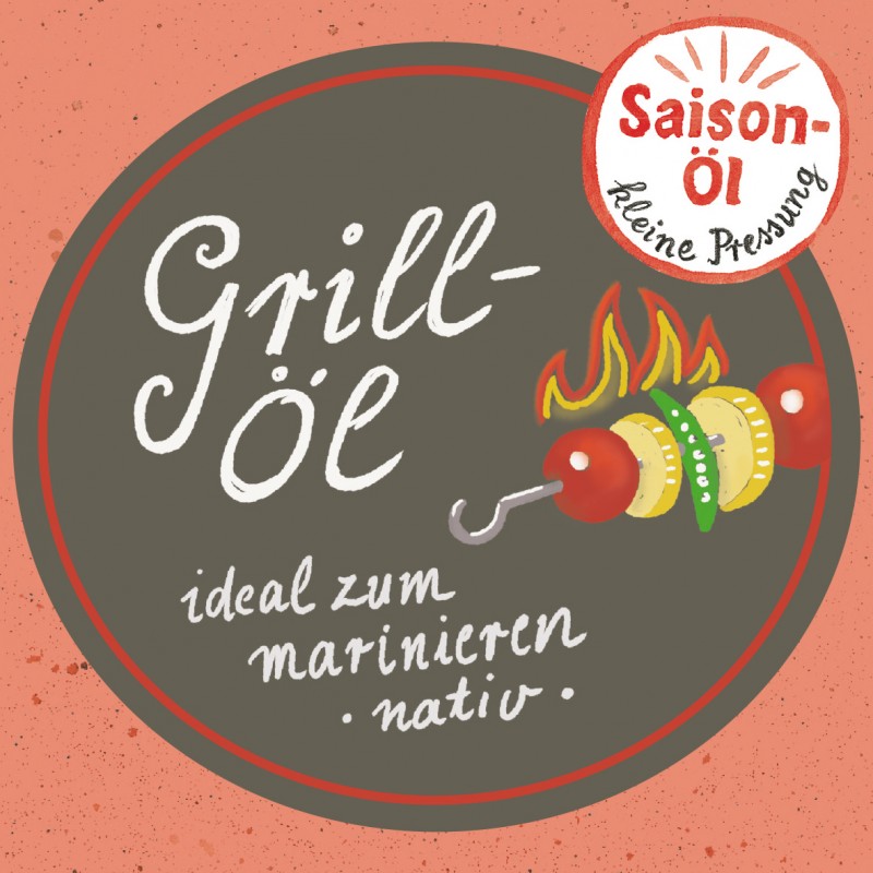 Etikett des Grillöl nativ kaltgepresst, ideal zum marinieren aus der Ölmühle Garting mit gezeichnetem Grillspieß und Flamme, Saison-Öl