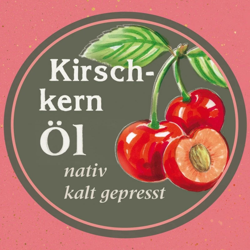 Etikett des Kirschkernöl nativ kaltgepresst: Ölmühle Garting mit Kirschen gezeichnet