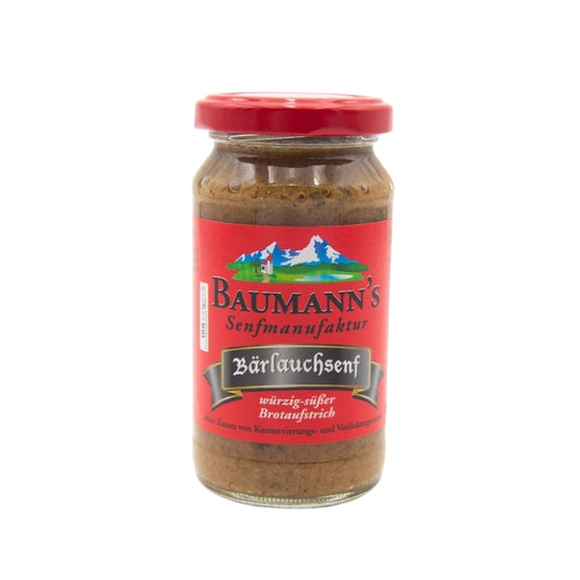 Bärlauchsenf, Baumann's Senfmanufaktur mit rotem Etikett auf weißem Hintergrund