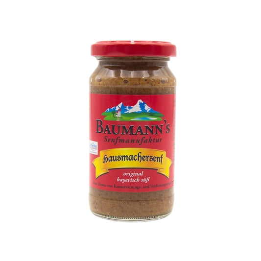 Hausmachersenf, Baumann Weißwurstsenf mit rotem Etikett auf weißem Hintergrund