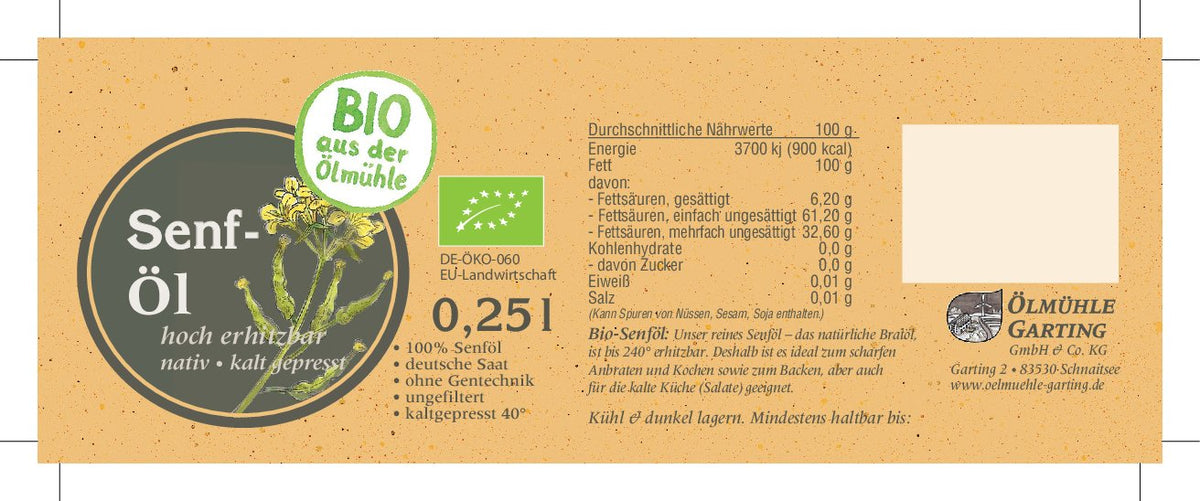 Etikett des nativen kaltgepressten Bio-Senföls der Ölmühle Garting mit Produktangaben, Bio-Kennzeichnung und Nährwerttabelle