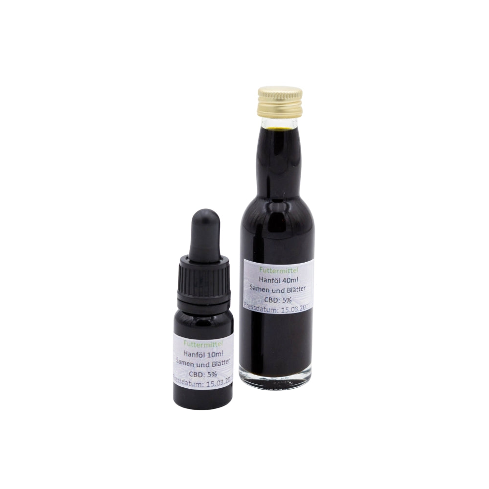 CBD Öl 5% Futtermittel, 40 ml in Glasflasche und 10 ml in Glasfläschen mit Dosierpipette auf weißem Hintergrund