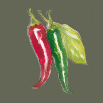 Illustration rote Chili und grüne Chili mit Blatt auf dunkelgrünem Hintergrund