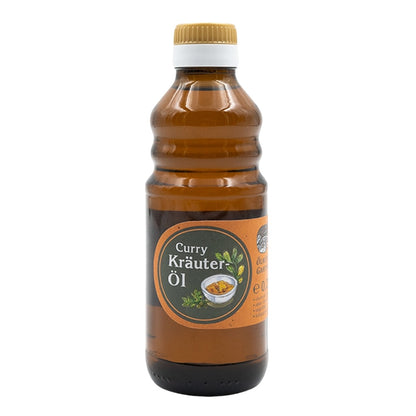 Curry Kräuteröl nativ kaltgepresst, 250 ml in brauner Glasflasche mit orangem Etikett der Ölmühle Garting auf weißem Hintergrund 
