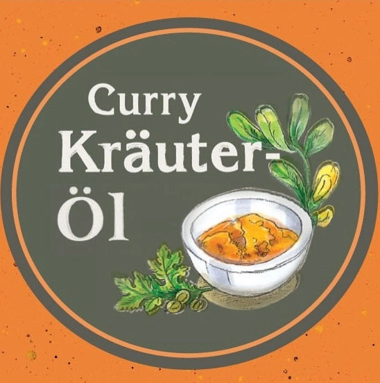 Etikett des Curry nativ kaltgepresst, Ölmühle Garting mit gezeichnetem Currypulver in weißer Schale, Oranger Hintergrund