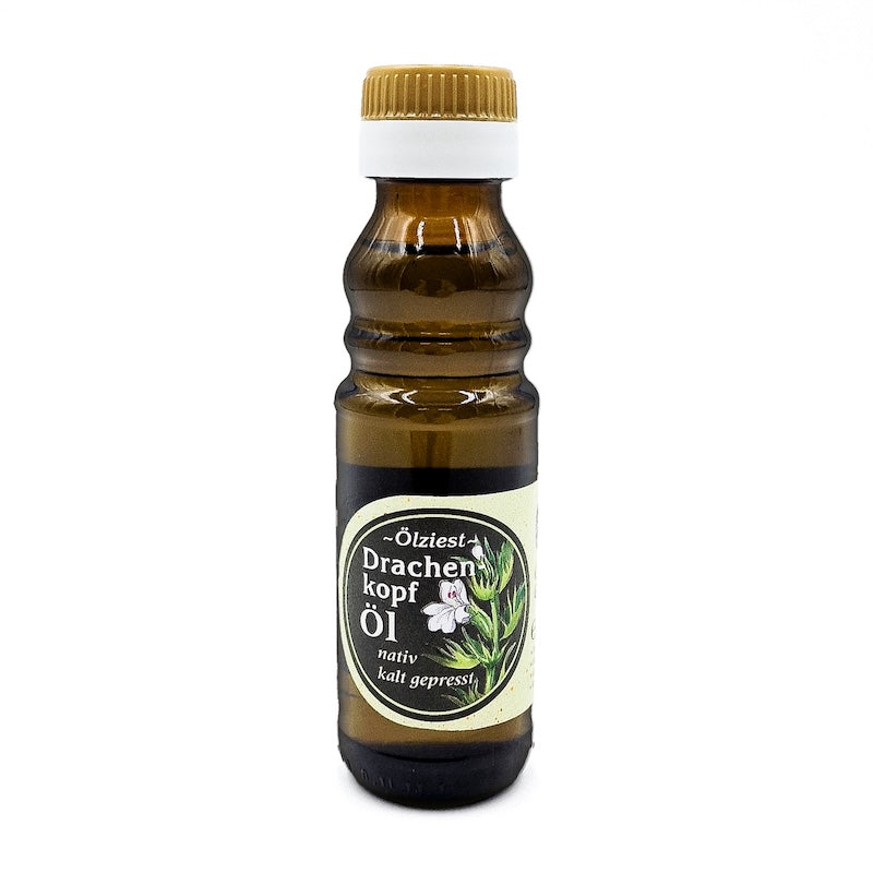 Drachenkopföl nativ kaltgepresst, 100 ml in brauner Glasflasche der Ölmühle Garting auf weißem Hintergrund