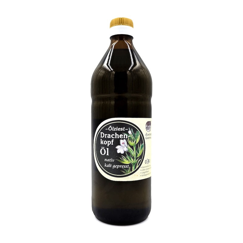 Drachenkopföl nativ kaltgepresst, 750 ml in brauner Glasflasche der Ölmühle Garting auf weißem Hintergrund