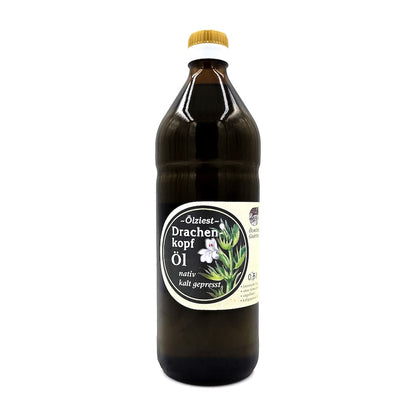 Drachenkopföl nativ kaltgepresst, 750 ml in brauner Glasflasche der Ölmühle Garting auf weißem Hintergrund