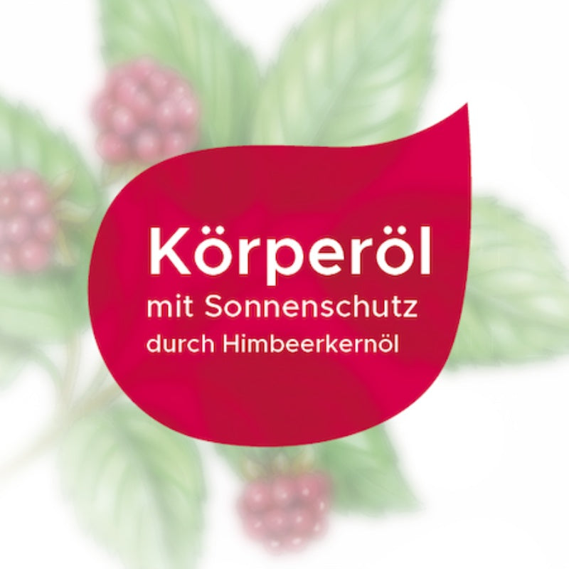 Etikett für Körperöl mit Sonnenschutz durch Himbeerkernöl in einem roten Tropfen
