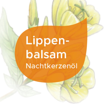 Etikett Lippenbalsam Nachtkerzenöl als roter Tropfen auf weißen Hintergrund