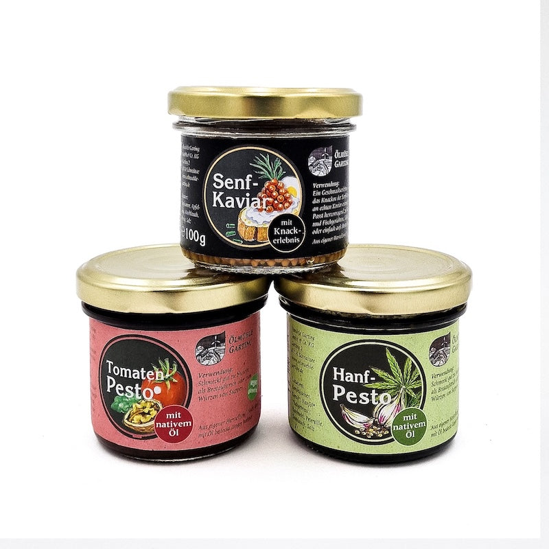 Geschenkset Pesto - Hanfpesto, Tomatenpesto & Senfkaviar