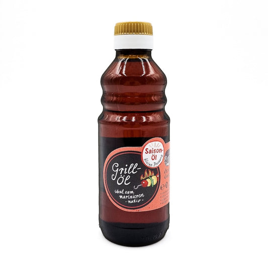 Grillöl nativ kaltgepresst, ideal zum marinieren, 250 ml in brauner Glasflasche der Ölmühle Garting auf weißem Hintergrund