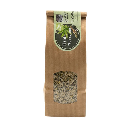 Hanfnüsschen vegan und glutenfrei, 250g Tüte braun der Ölmühle Garting mit hellgrünem Etikett auf weißem Hintergrund