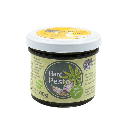 Hanfpesto mit nativem Öl der Ölmühle Garting, 100g Glas mit hellgrünem Etikett auf weißem Hintergrund