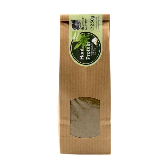 Hanfprotein, 250g Tüte der Ölmühle Garting, vegan und glutenfrei mit grünem Etikett auf weißem Hintergrund, hoher Proteingehalt von 45%