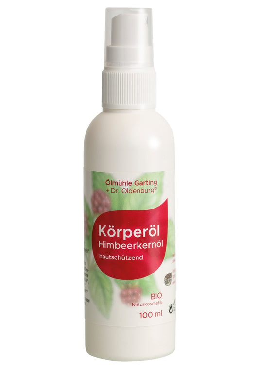 Bio Körperöl Sonnenschutz mit Himbeerkernöl von Dr. Oldenburg und Ölmühle Garting in 100 ml Flasche mit weißem Pumpverschluss auf weißem Hintergrund